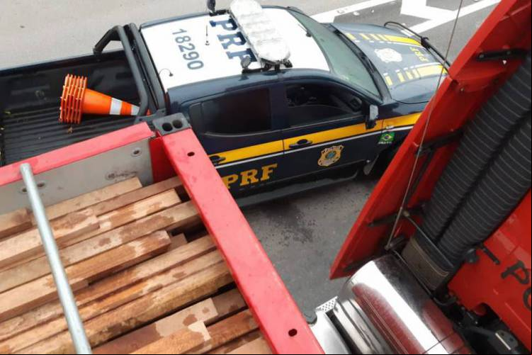 Veículo bitrem transportava madeira ilegal