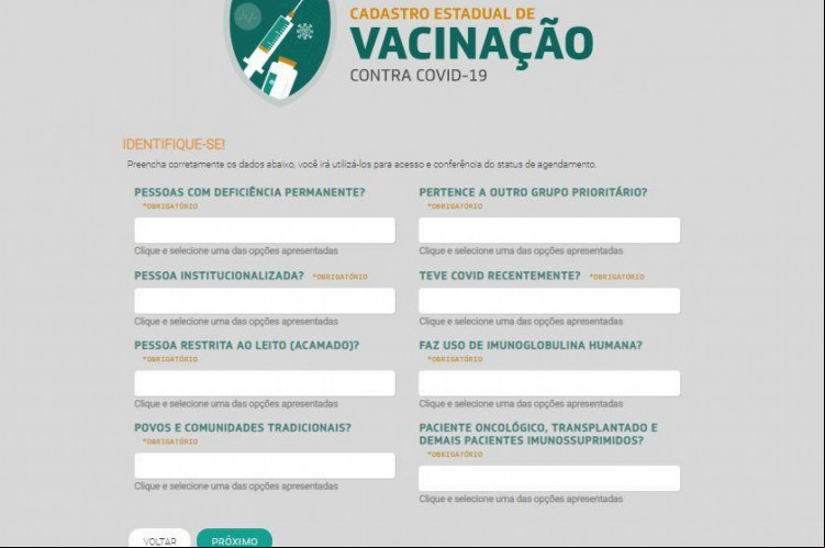 Na segunda etapa, são perguntadas informações sobre a classificação da pessoa em grupos prioritários.
