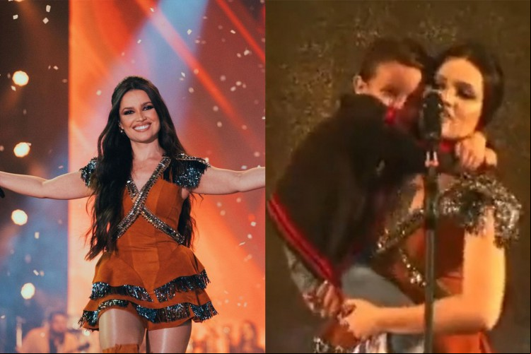 Juliette foi surpreendida por criança que invadiu o palco em show no município de Caruaru, no Pernambuco. À esquerda, registro do fotógrafo Luiz Fabiano. Na foto da direita, captura de tela da live do show