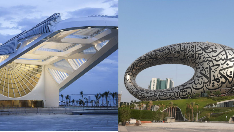 Museu do Amanhã, localizado no Rio de Janeiro (à esquerda) e Museu do Futuro, em Dubai (à direita)