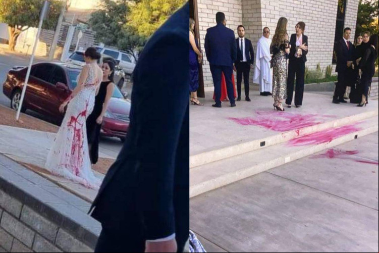 A noiva estava se preparando para entrar na igreja, quando foi surpreendida com homens que jogaram tinta vermelha em seu vestido