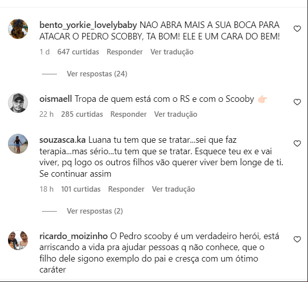 As respostas dos internautas surgiram aos lotes nas redes sociais, com pessoas elogiando a iniciativa de Scooby, cobrando uma atitude solidária de Luana Piovani e até sugerindo até que ela asse a fazer um tratamento. Esquece teu ex e vai viver, diss