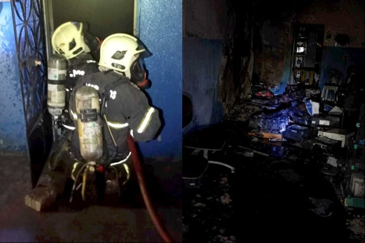 Bombeiros combatendo incêndio na loja de impressoras em Morada Nova

