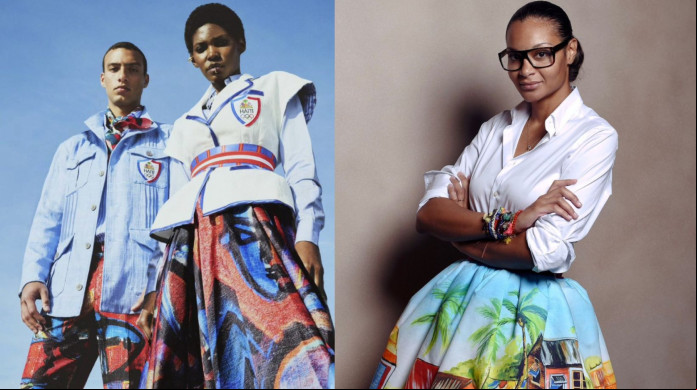 Traje dos atletas haitianos (esq.) e sua criadora, Stella Jean (dir.) Traje dos atletas haitianos (esq.) e sua criadora, Stella Jean (dir.)