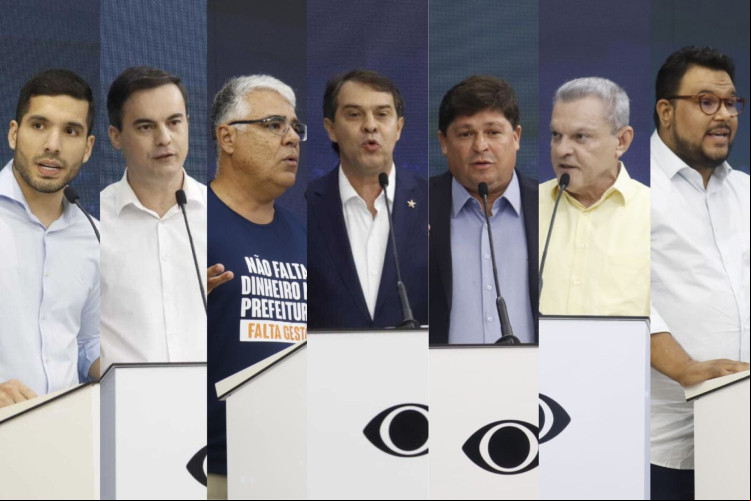 André Fernandes (PL), Capitão Wagner (União Brasil), Eduardo Girão (Novo), Evandro Leitão (PT), George Lima (Solidariedade), José Sarto (PDT) e Técio Nunes (Psol) no primeiro debate com candidatos a prefeito de Fortaleza, realizado pela TV Band Ceará