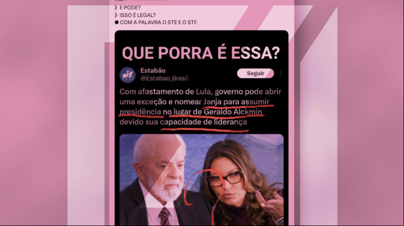 A primeira-dama do Brasil, RosÃ¢ngela Lula da Silva, mais conhecida como Janja, nÃ£o pode assumir a presidÃªncia da RepÃºblica caso Lula (PT) seja afastado do cargo 