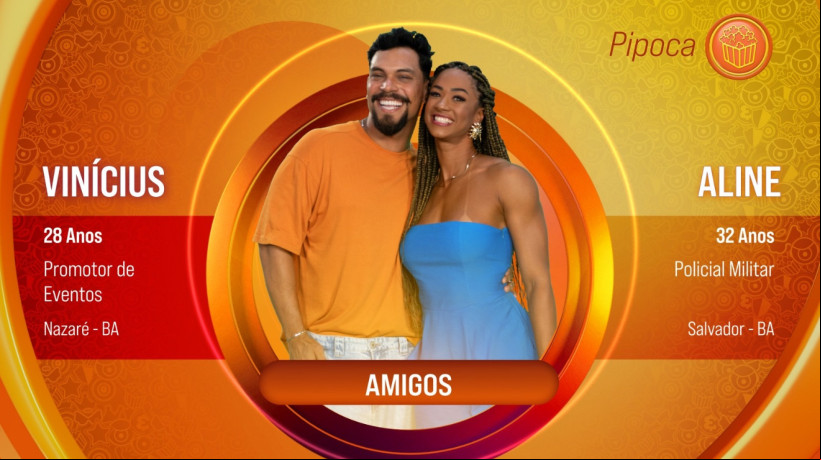 Os baianos Vinícius, de 28 anos, e Aline, de 32, são a nova dupla pipoca do BBB 2025