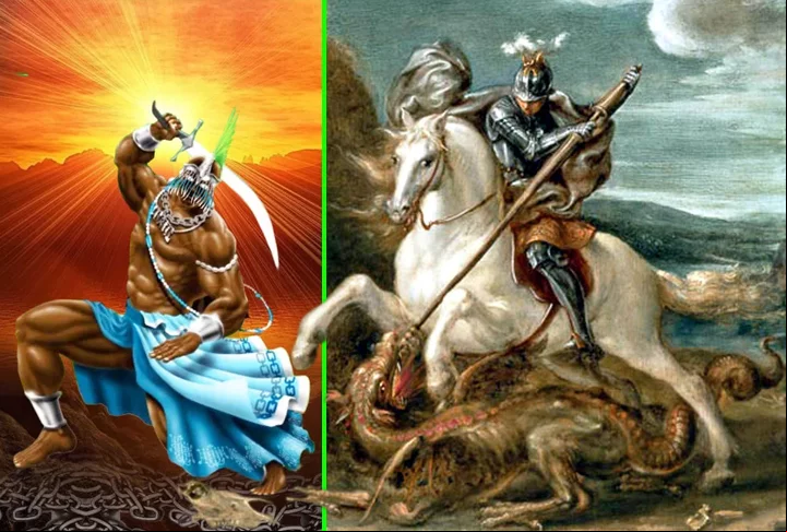 O Dia de São Jorge é 23 de abril. E , na Umbanda, ele é Ogum, o orixá da guerra e da tecnologia. Tem a terra como elemento. Usa uma espada. E recebe algumas oferendas: farofa, feijão, inhame e aguardente.