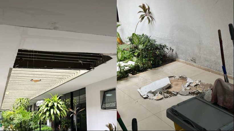 Teto desabado fica no corredor central da Câmara Municipal de Fortaleza
