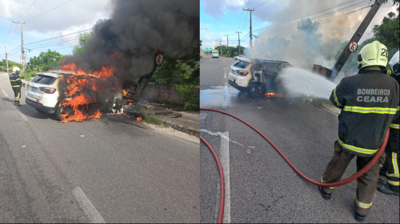 Colisão de carro em poste e incêndio mobilizam bombeiros no bairro Edson Queiroz neste domingo, 13