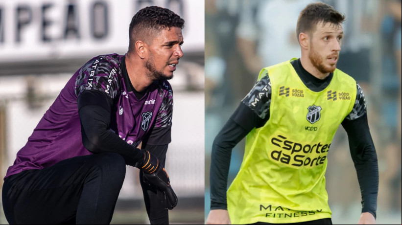 Bruno Ferreira, goleiro, e Aylon, atacante, durante treinos do Ceará